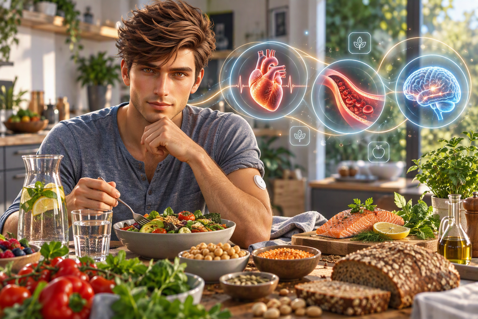 Junger Mann mit Glukosesensor am gesund gedeckten Tisch, darüber Symbole für Herz, Blutgefäße und Gehirn