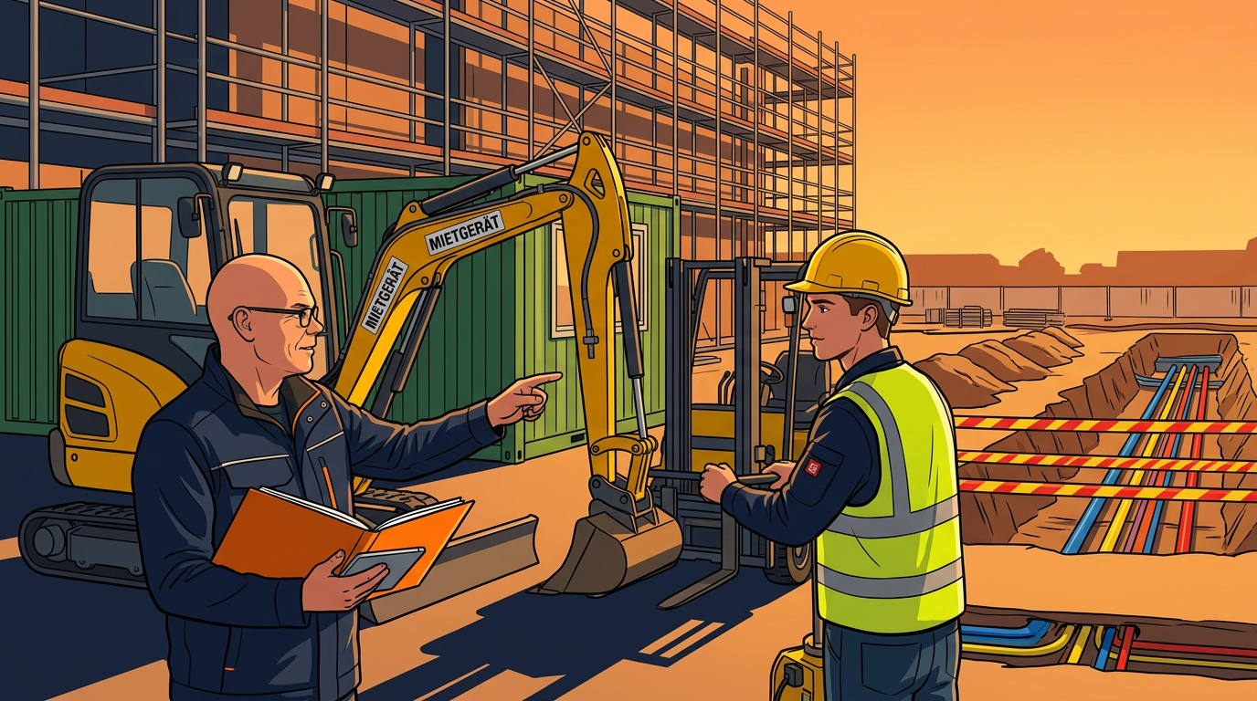 Meister Michael Schmidt und Azubi Marvin auf der Baustelle vor einem gemieteten Minibagger und Gabelstapler (Cel-Shading-Illustration)