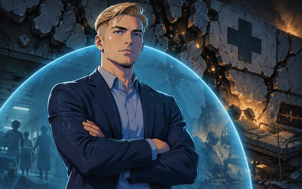 Junger Existenzgründer im Cel-Shading-Stil vor einer brüchigen Mauer als Sinnbild des wankenden Kassensystems