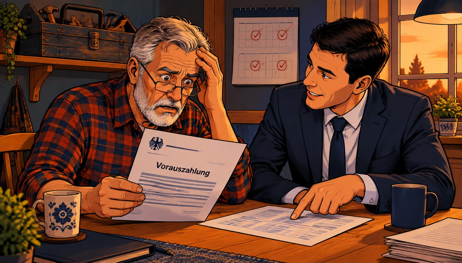 Handwerksmeister im Ruhestand liest erschrocken einen Vorauszahlungsbescheid des Finanzamts, ein Berater erklärt ihm die Zahlen (Cel-Shading-Illustration)