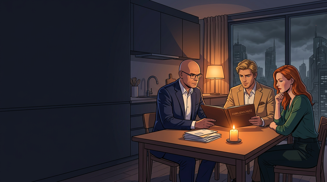 Drei Generationen besprechen in einer dystopischen Cel-Shading-Szene ihre Todesfallabsicherung
